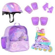 Набор роликовые коньки раздвижные FLORET White Pink Violet, шлем, набор защиты, в сумке (S: 31-34)